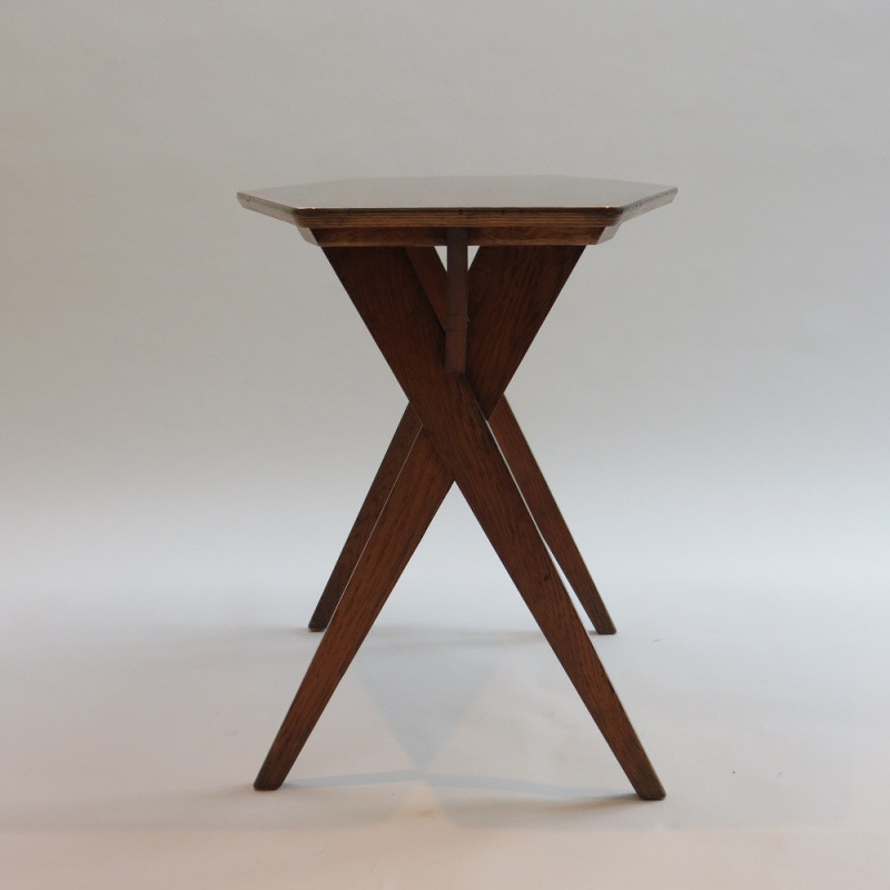 Vintage copper and oakwood side table, 1950s