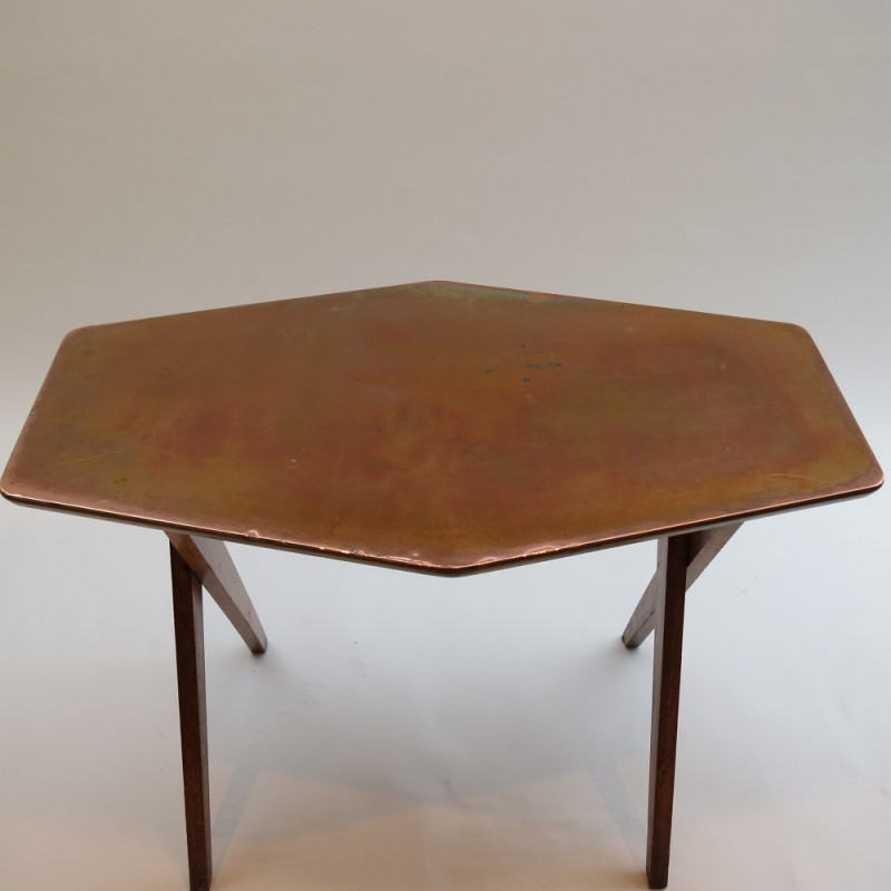 Vintage copper and oakwood side table, 1950s