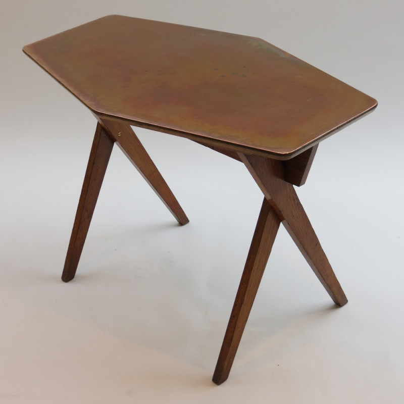 Vintage copper and oakwood side table, 1950s