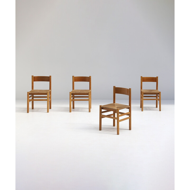 Set van 8 vintage houten stoelen met biezen zitting, 1970