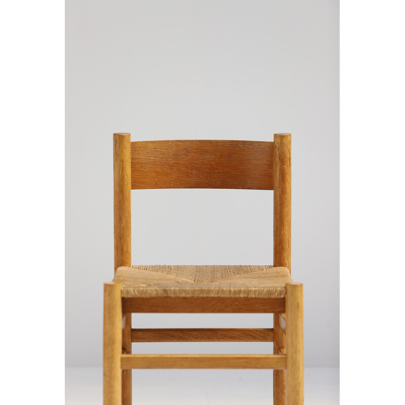 Set of 8 vintage wooden dining chairs with a rush seat, 1970s