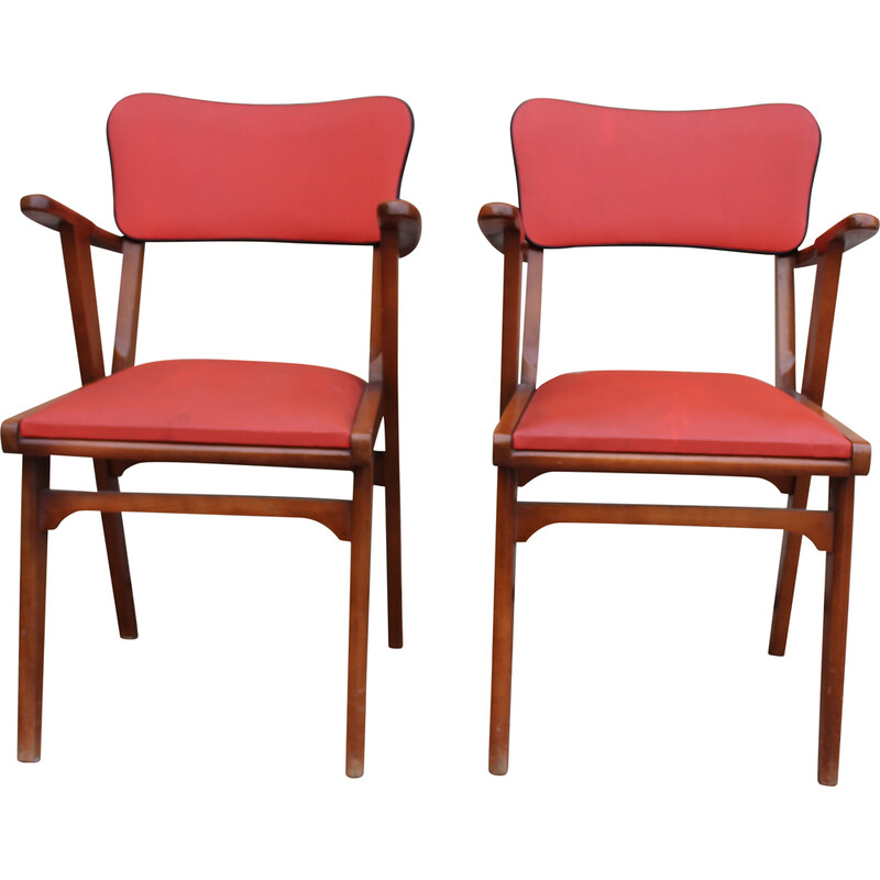Paar vintage rood gegroefde vinyl brugstoelen, 1950