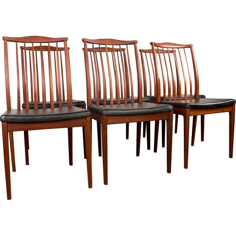 Set van 6 vintage Scandinavische teakhouten stoelen en zwarte skai zittingen, 1960