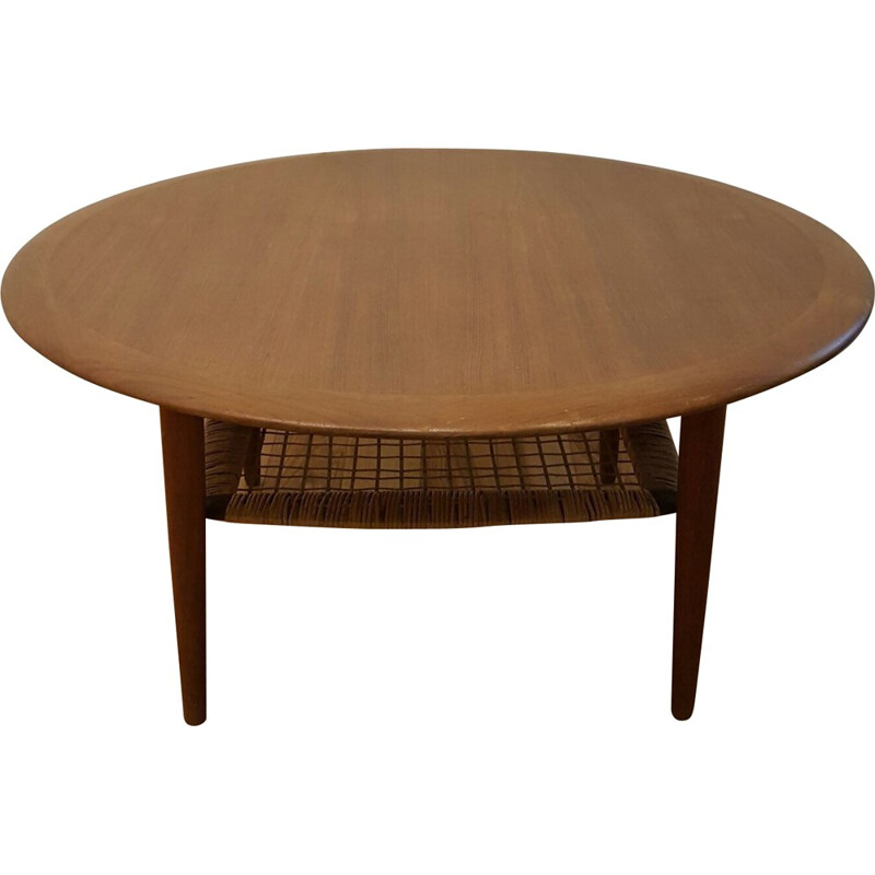 Round teak coffee table with braided rattan, Johannes ANDERSEN - 1960s