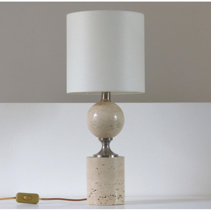 Lampe de table vintage en travertin et chrome par Philippe Barbier, 1970