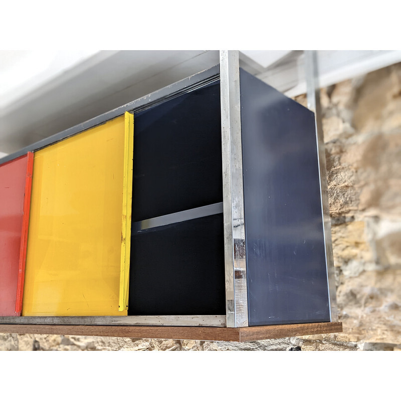 Vintage metal and rosewood highboard with two red and yellow sliding doors, 1950