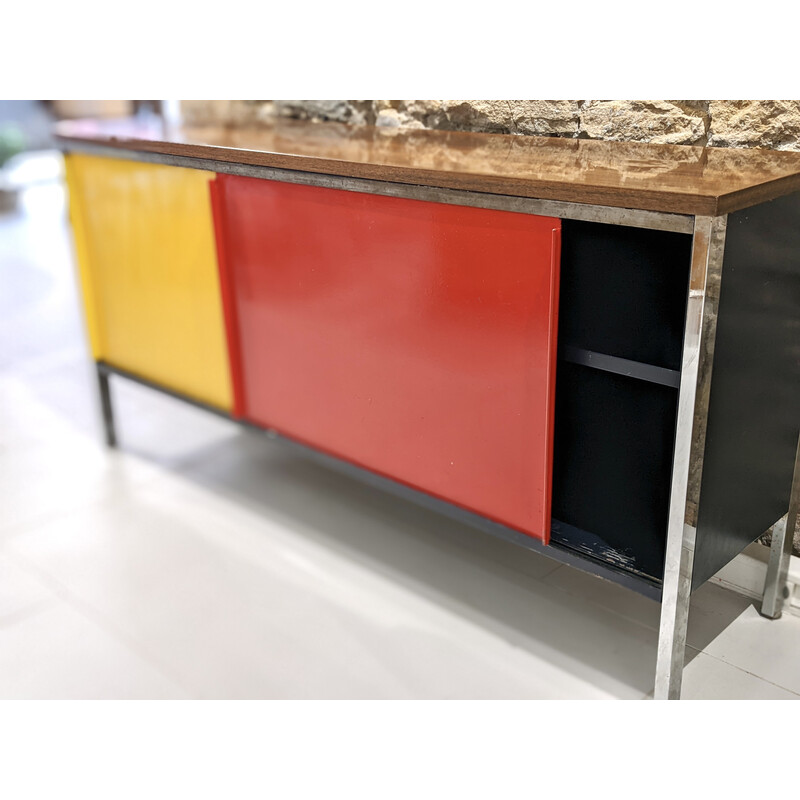 Vintage metal and rosewood highboard with two red and yellow sliding doors, 1950