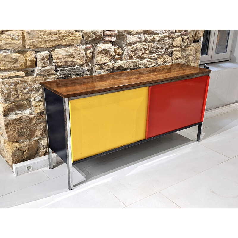 Vintage Sideboard aus Metall und Palisander mit zwei Schiebetüren in Rot und Gelb, 1950