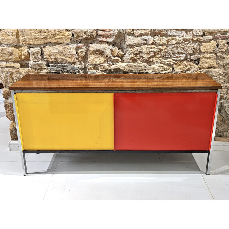 Vintage metal and rosewood highboard with two red and yellow sliding doors, 1950