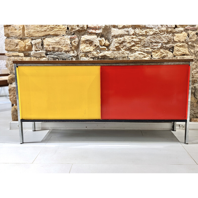Vintage metal and rosewood highboard with two red and yellow sliding doors, 1950