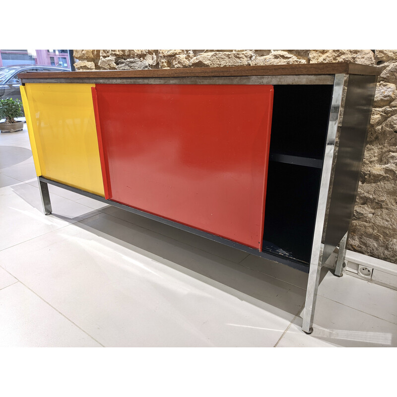 Vintage metal and rosewood highboard with two red and yellow sliding doors, 1950