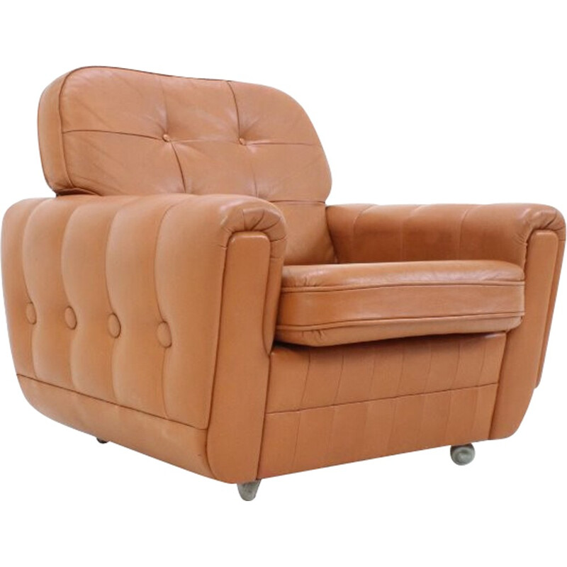 Mid-century light brown leather armchair with wheels - 1970s