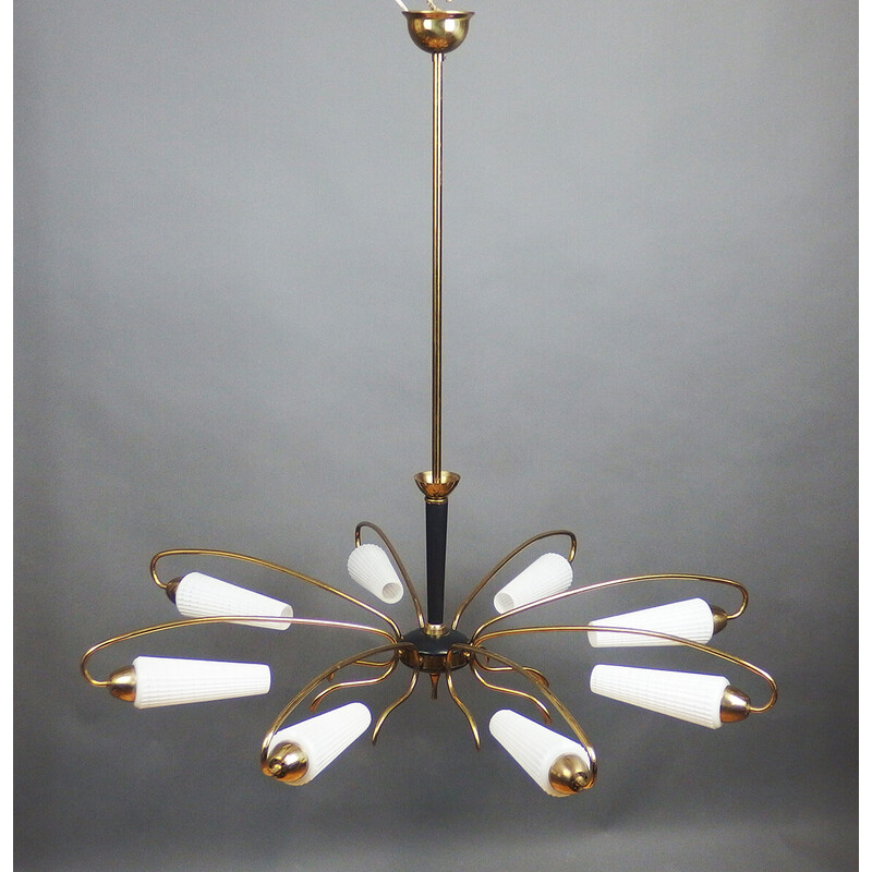 Vintage brass and white opal glass chandelier, 1950
