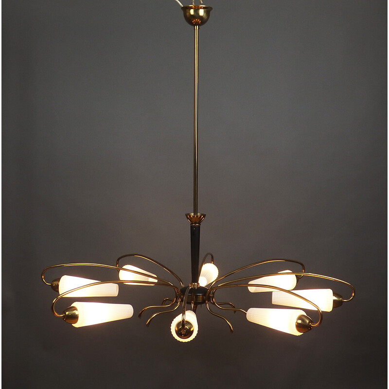 Vintage brass and white opal glass chandelier, 1950