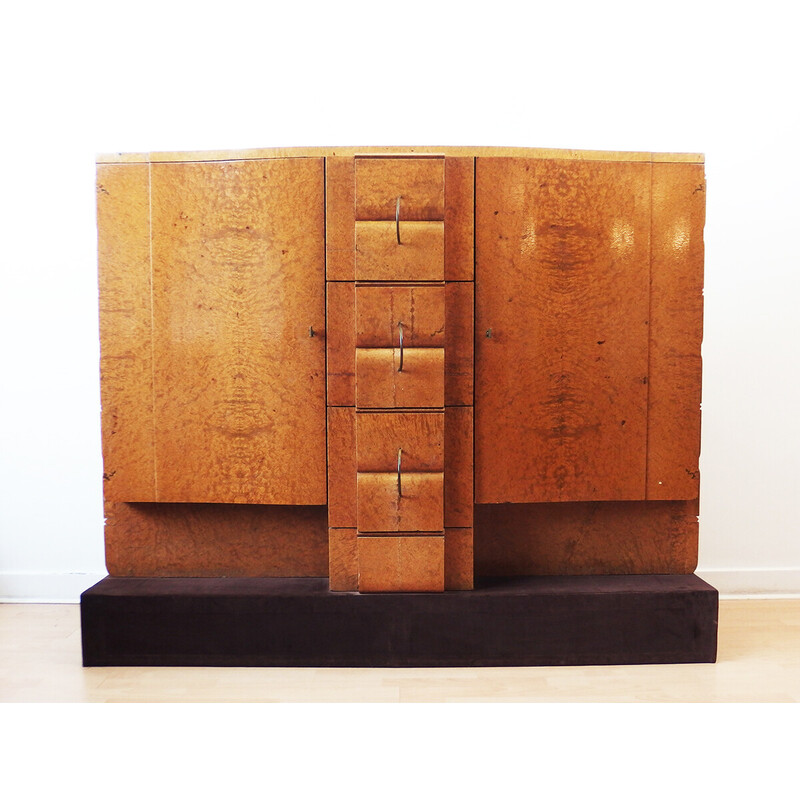 Vintage Art Deco highboard in wood upholstered with velvet by André Arbus