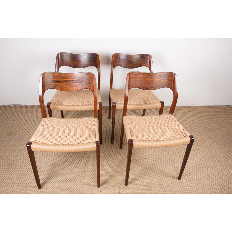 Lot de 4 chaises danoise vintage en palissandre et cordage modèle 71 par Niels.O.Moller pour Jl Mollers, 1960