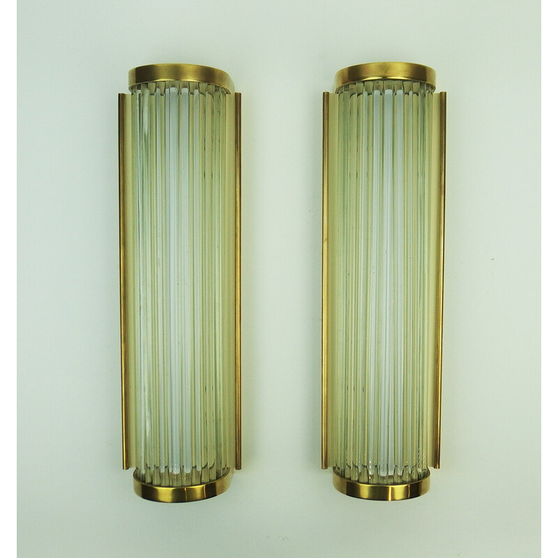 Pair of vintage Art Deco wall lamps in glass and bronze