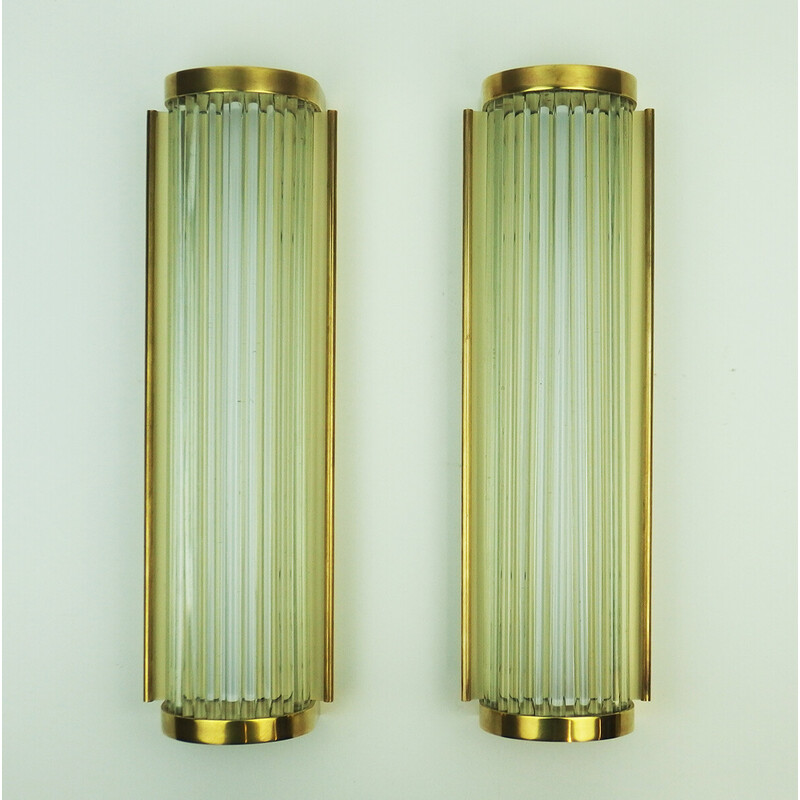 Pair of vintage Art Deco wall lamps in glass and bronze