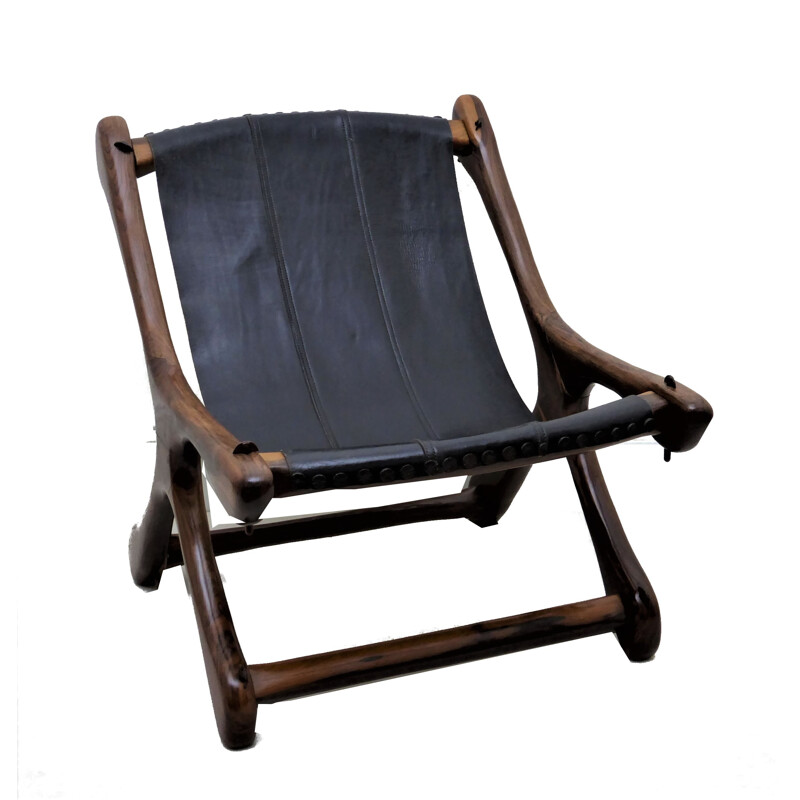 Fauteuil en palissandre et cuir noir Don S. Shoemaker - 1960