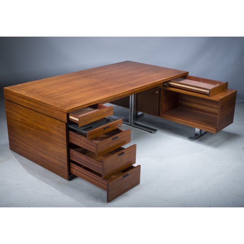 Vintage rosewood executive desk with sideboard by Walter Knoll for the Art Collection Series, Germany 1970