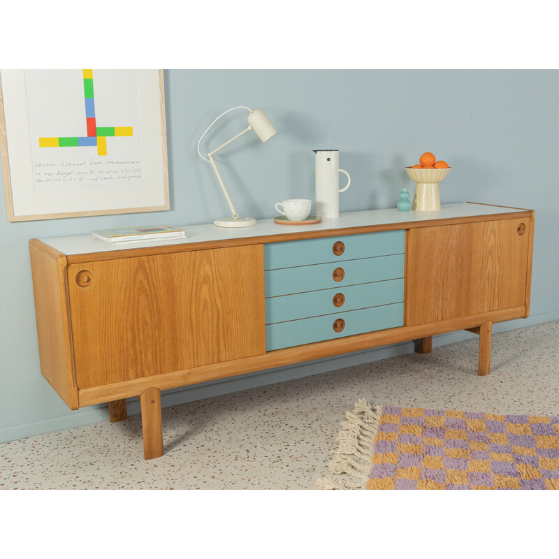 Vintage oakwood sideboard with two sliding doors by H.W. Klein for Bramin, 1970s