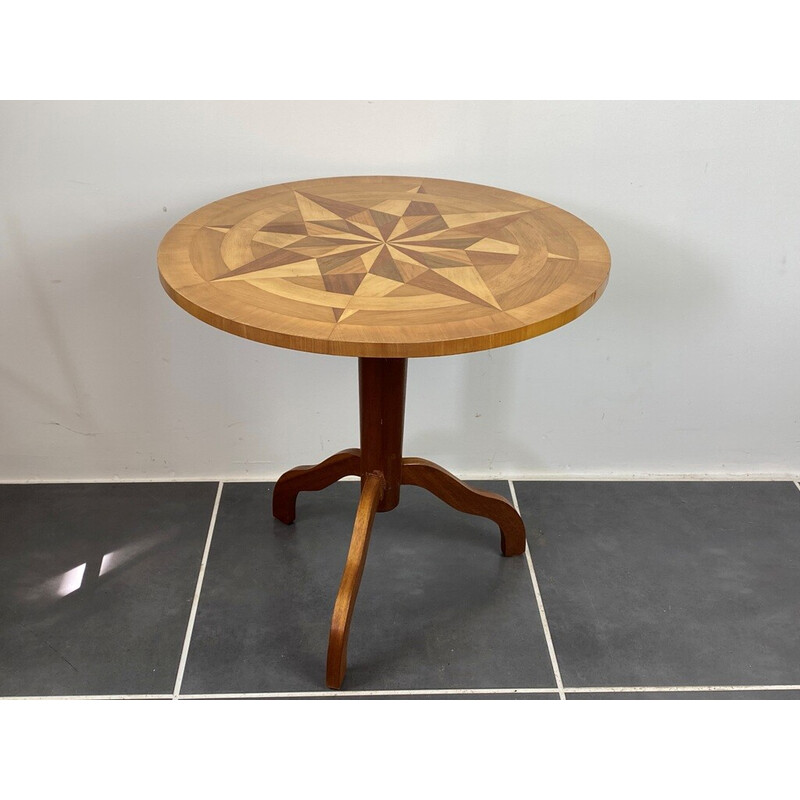 Mesa vintage con pedestal y marquetería, 1950