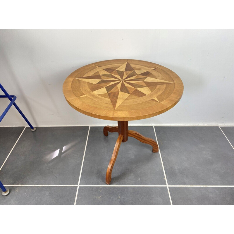 Table guéridon tripode vintage avec marqueterie, 1950