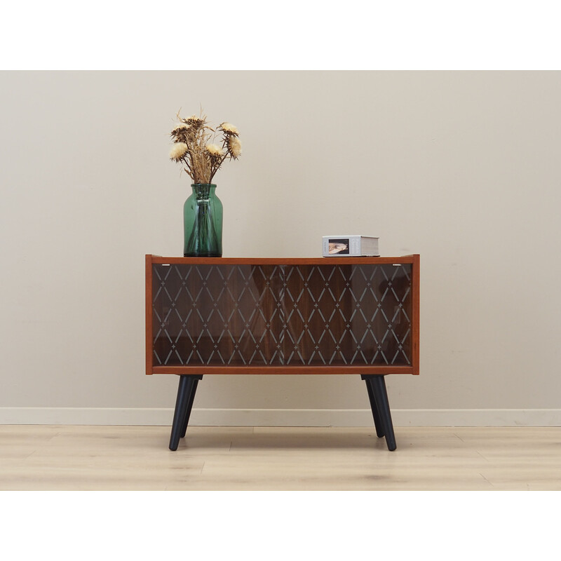 Credenza vintage in teak con ante scorrevoli in vetro, Danimarca 1970