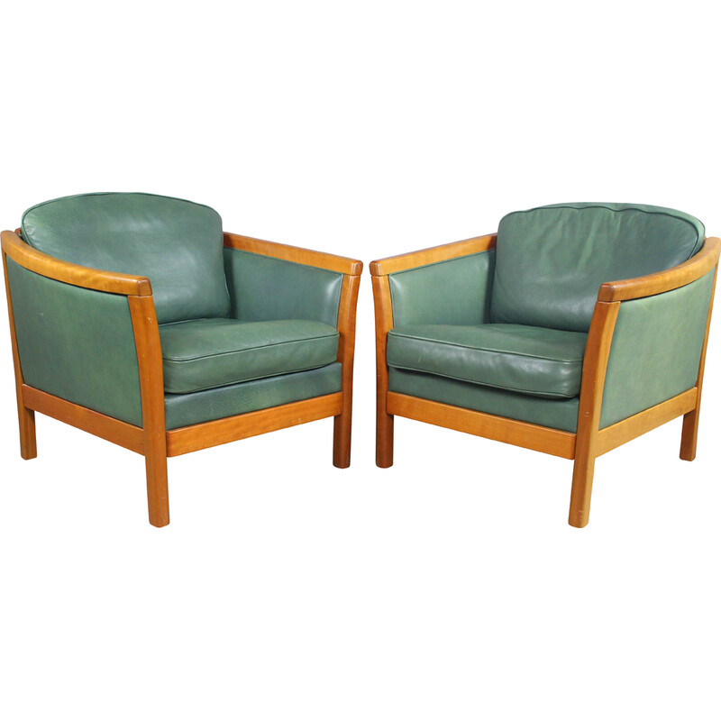 Paire de fauteuils vintage - cuir bois