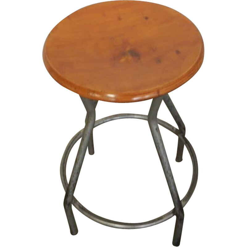 Tabouret fixe vintage en fer et bois de hêtre