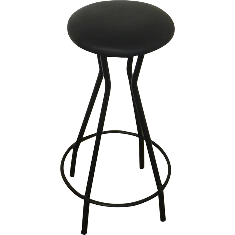 Vintage fixed stool in black iron and padded plywood