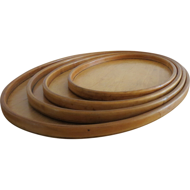 Set of 4 vintage birchwood and plywood oval serving trays, 1930s