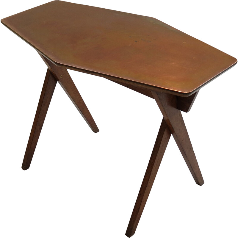 Vintage copper and oakwood side table, 1950s