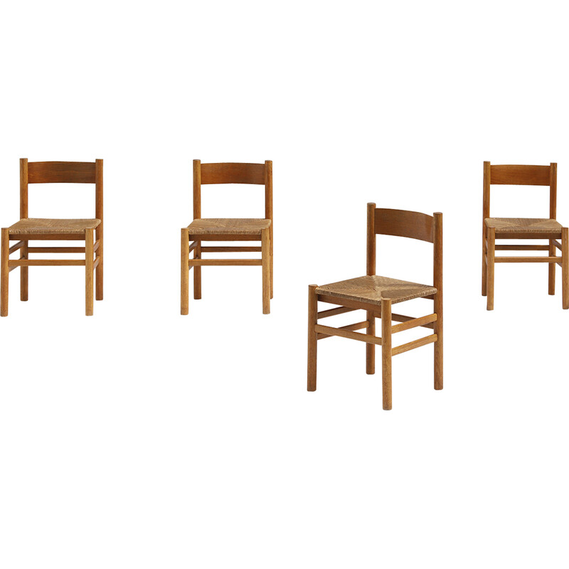 Ensemble de 8 chaises vintage en bois avec siège en jonc, 1970