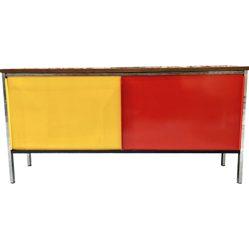 Vintage metal and rosewood highboard with two red and yellow sliding doors, 1950