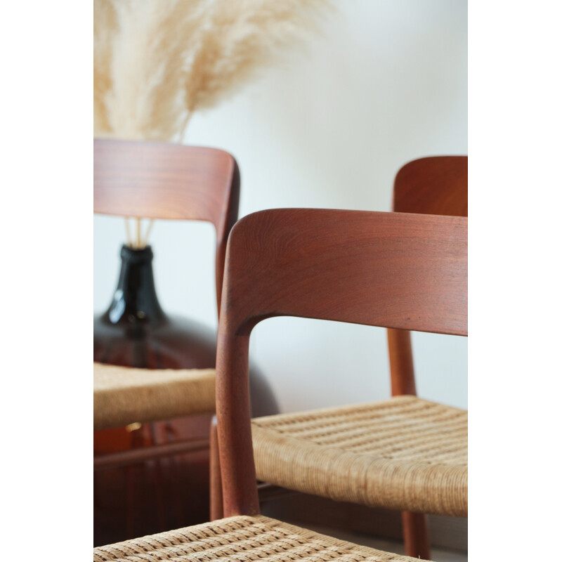 Set of 4 vintage rope and teak chairs model 75 by Niels Otto Møller, 1950