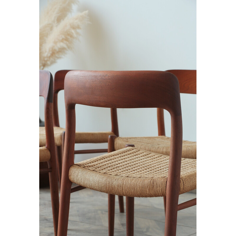 Set of 4 vintage rope and teak chairs model 75 by Niels Otto Møller, 1950