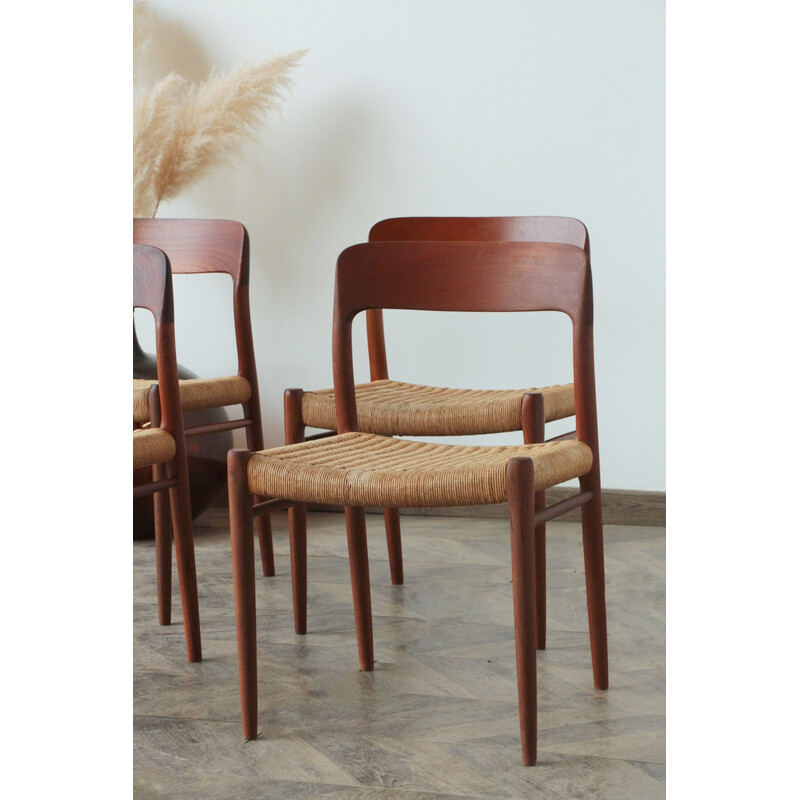 Set of 4 vintage rope and teak chairs model 75 by Niels Otto Møller, 1950