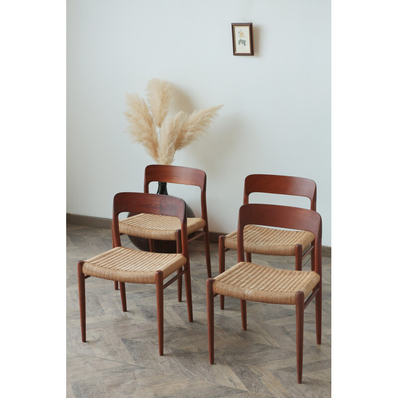 Satz von 4 Vintage-Stühlen aus Seil und Teakholz Modell 75 von Niels Otto Møller, 1950