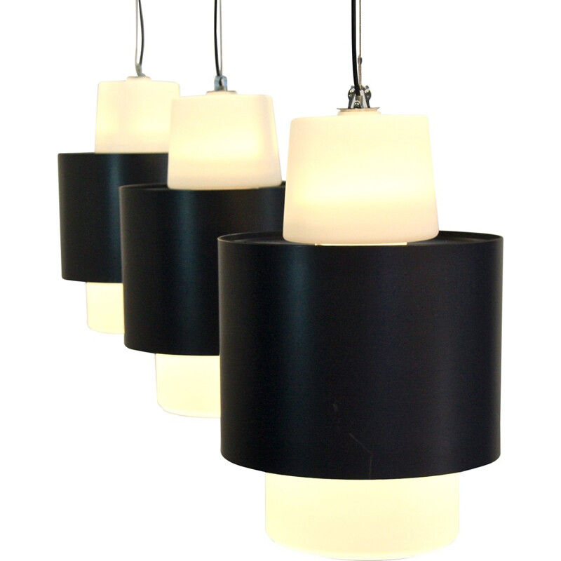 Set of 3 dutch hanging lamps in steel and frosted glass - 1960s