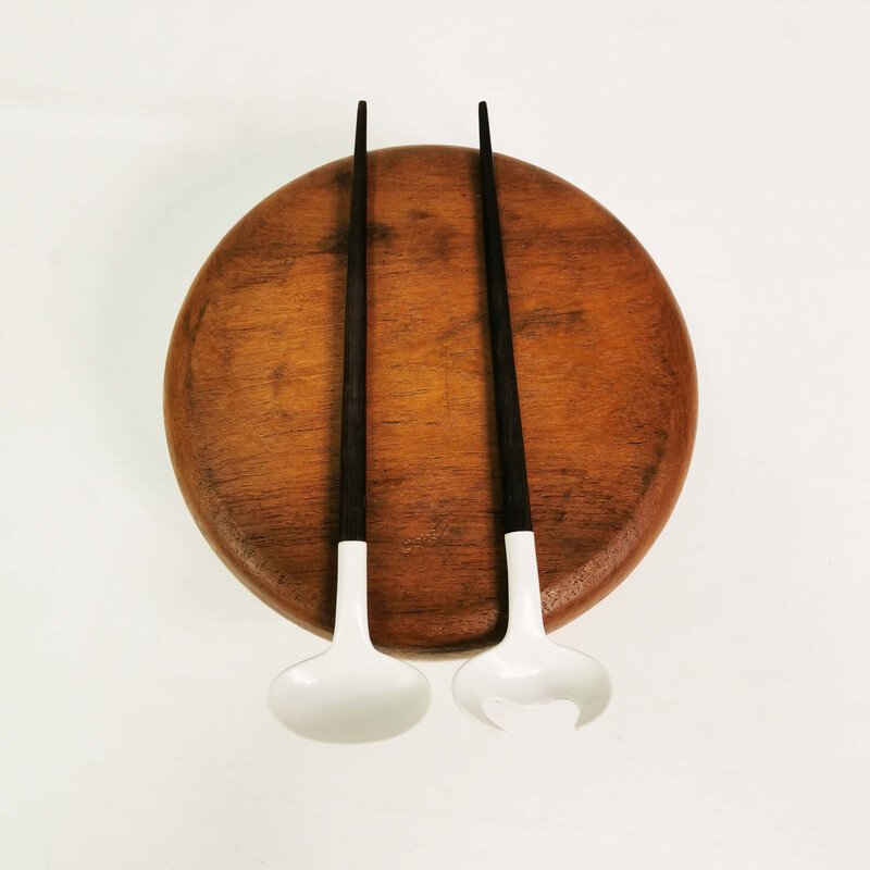 Vintage teak bowl and salad spoons, 1970s