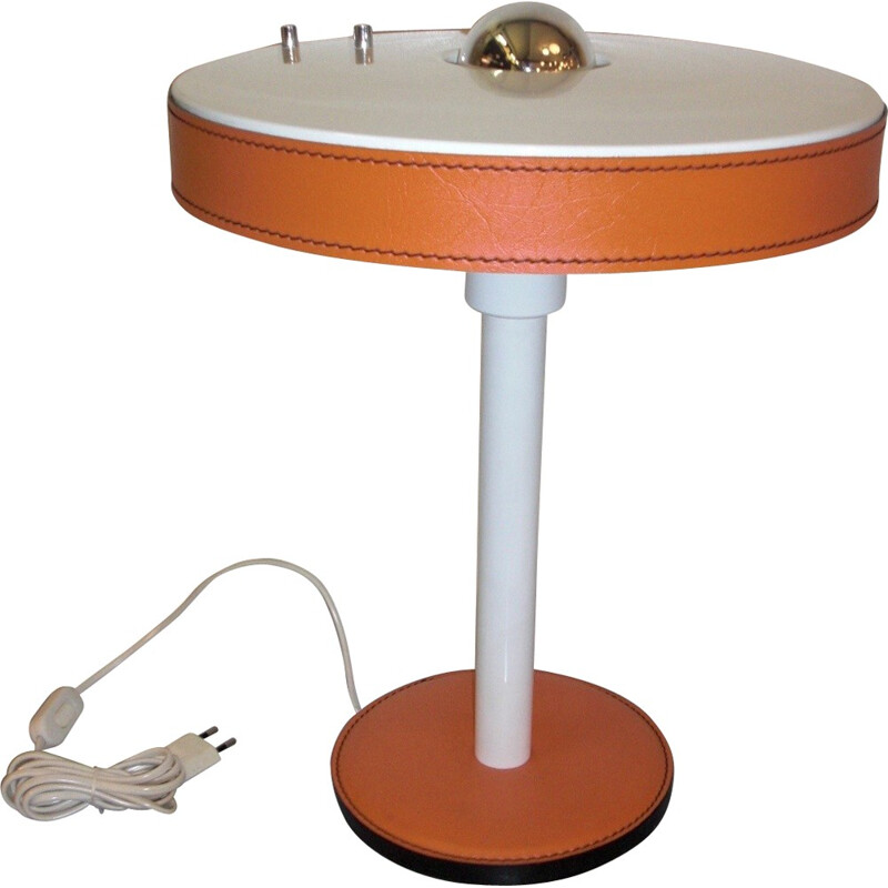 Lampe de table blanche et cuir orange, Louis KALFF - 1970