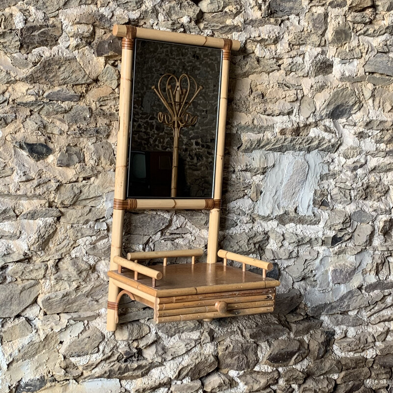 Vintage wall mirror with 1 drawer in rattan