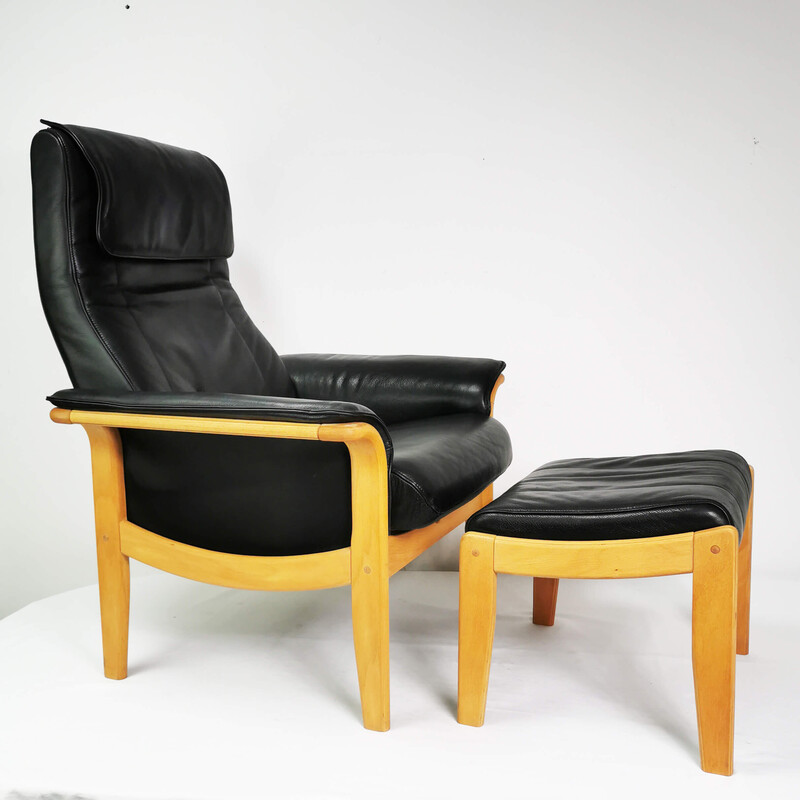 Vintage lederen fauteuil met voetsteun, Denemarken 1980