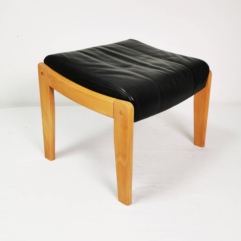 Vintage leather armchair with footrest, Denmark 1980s