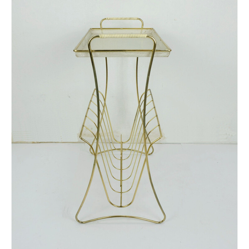 Vintage side table with newspaper rack in brass and perforated sheet metal, 1950s