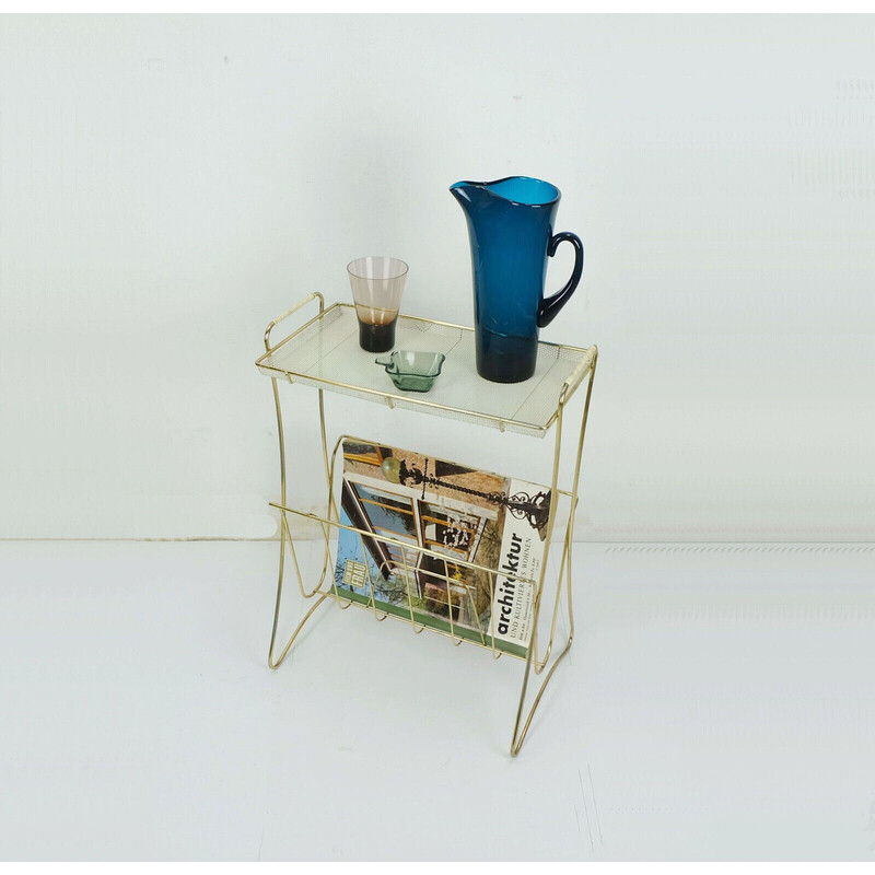 Vintage side table with newspaper rack in brass and perforated sheet metal, 1950s