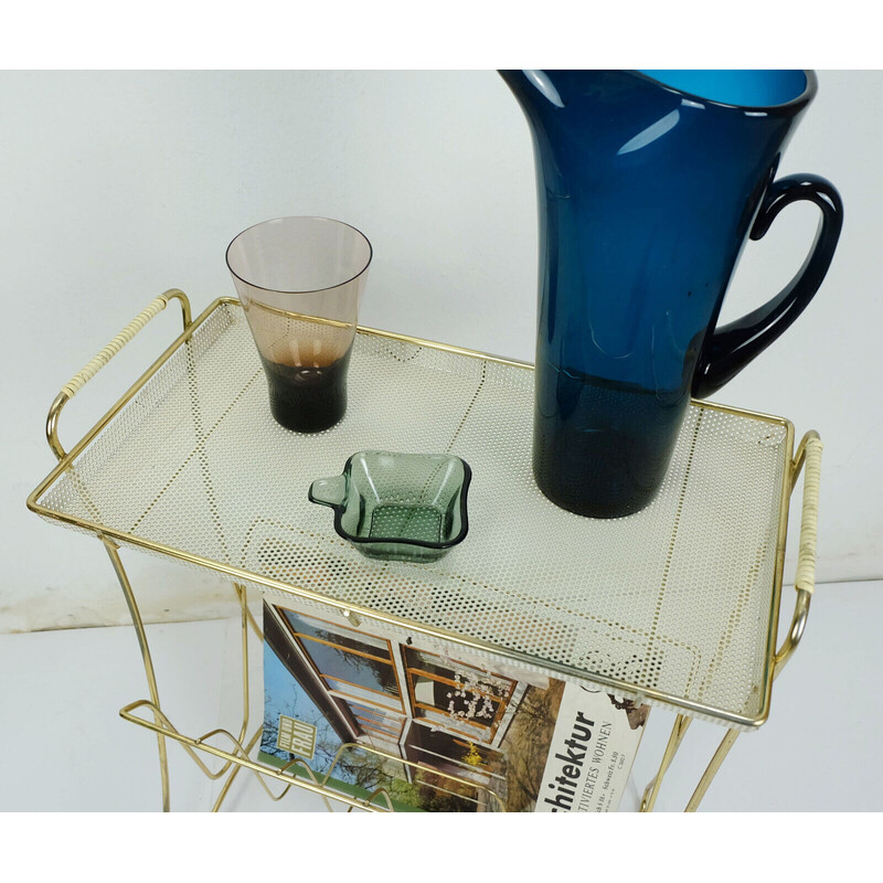 Vintage side table with newspaper rack in brass and perforated sheet metal, 1950s