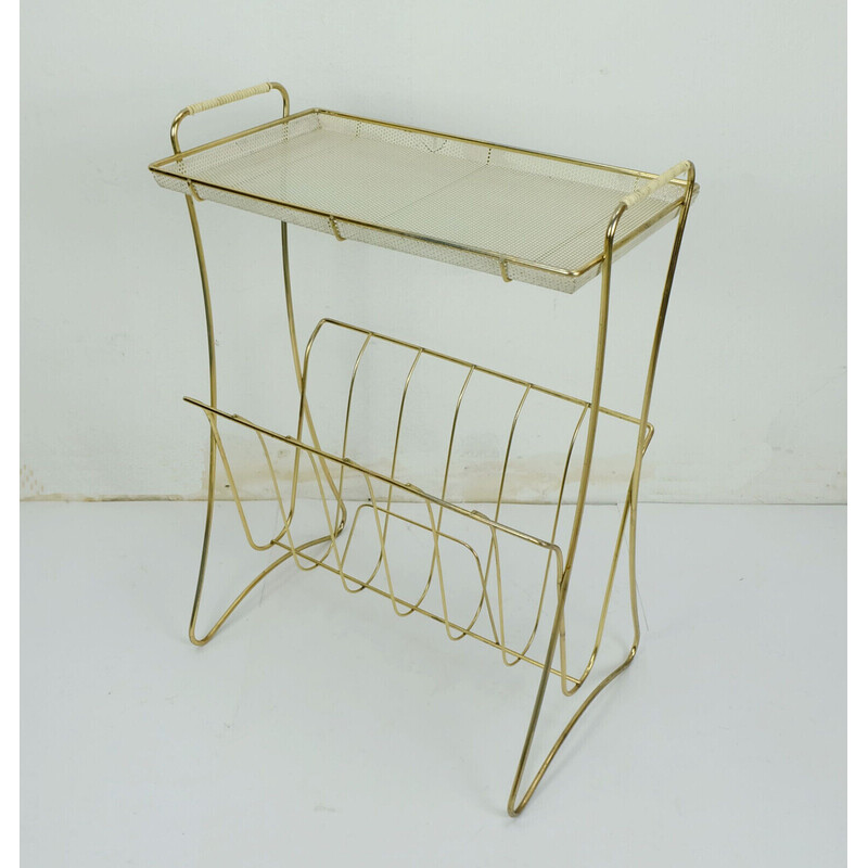Vintage side table with newspaper rack in brass and perforated sheet metal, 1950s