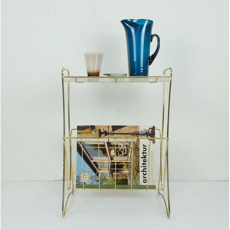 Vintage side table with newspaper rack in brass and perforated sheet metal, 1950s